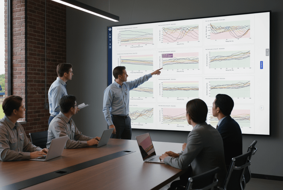 Engineers collaborating on rod lift simulation data in modern conference room