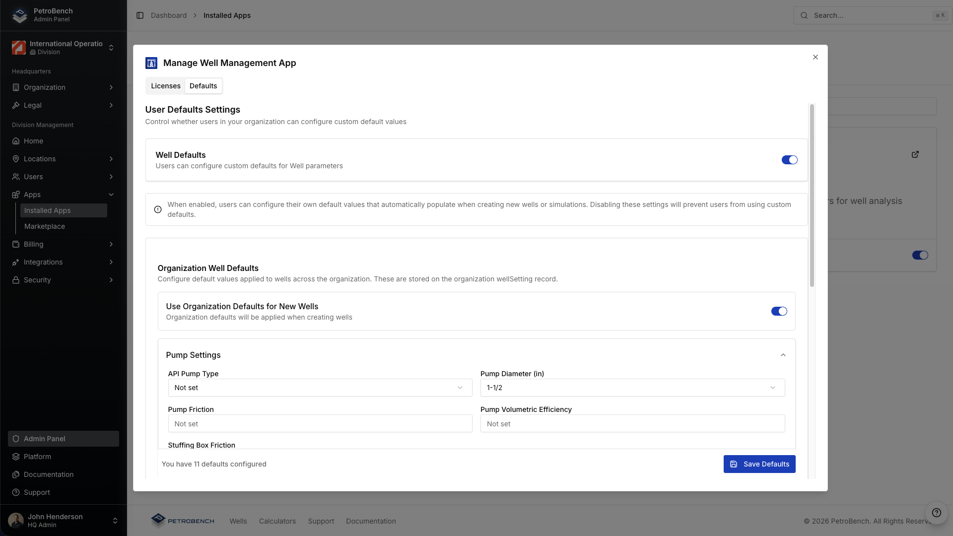 Application default settings
