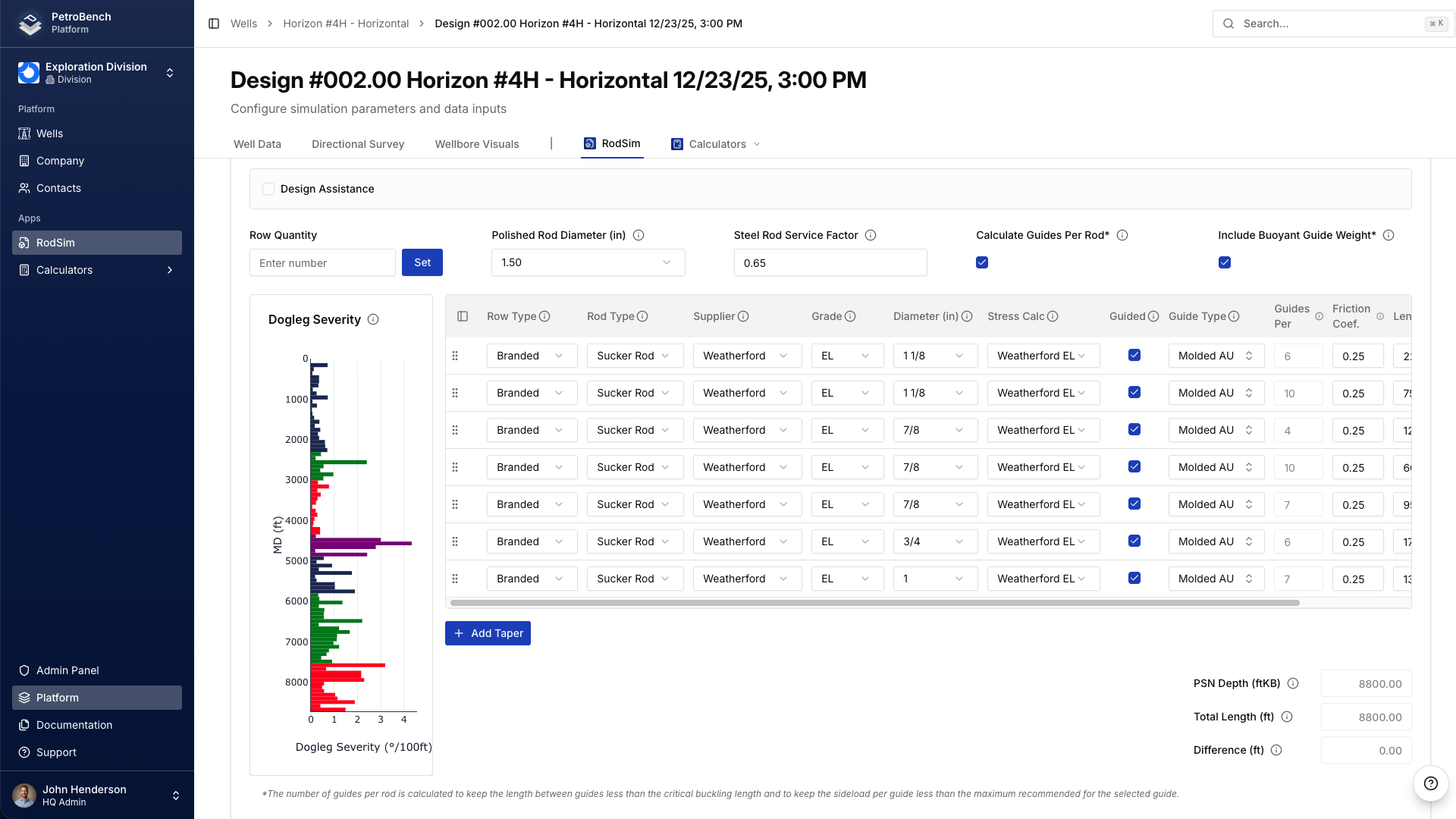 Rod data configuration with dogleg severity