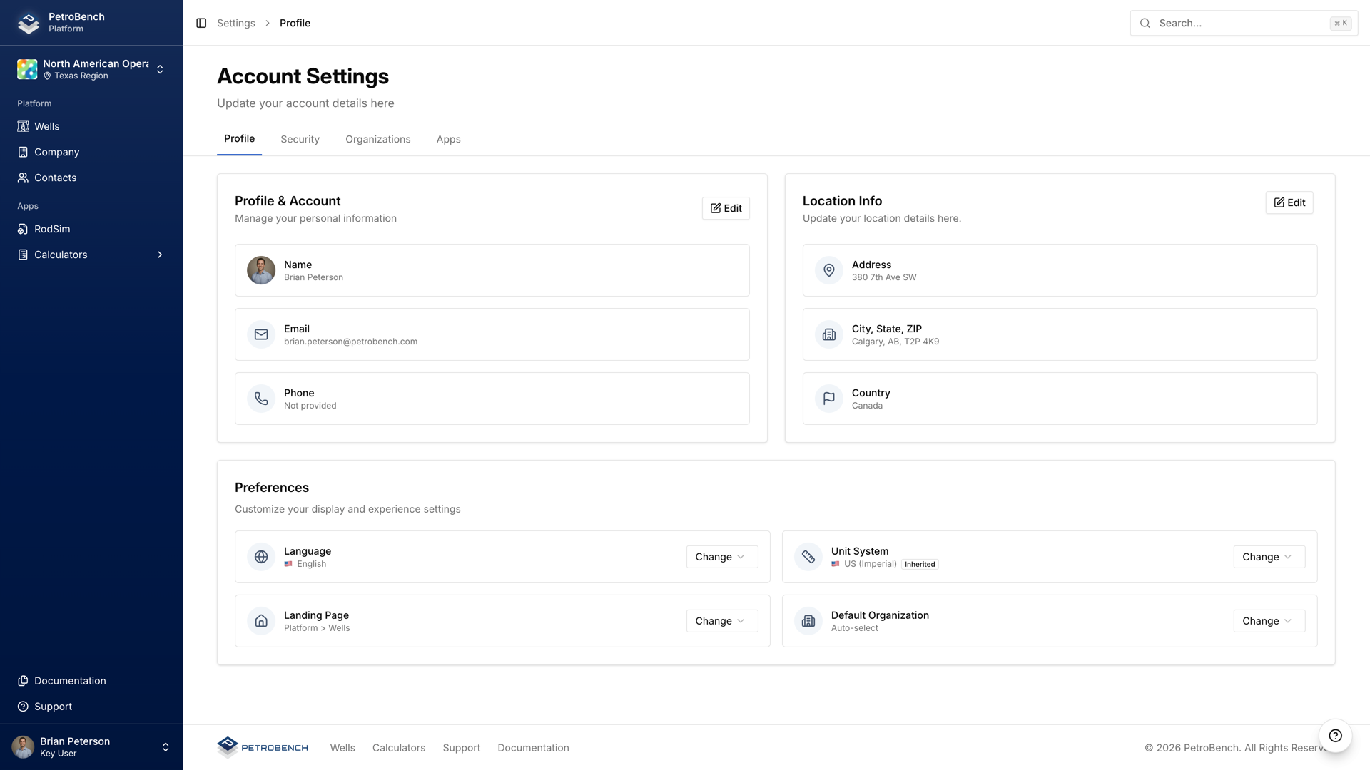 Account settings with unit preferences